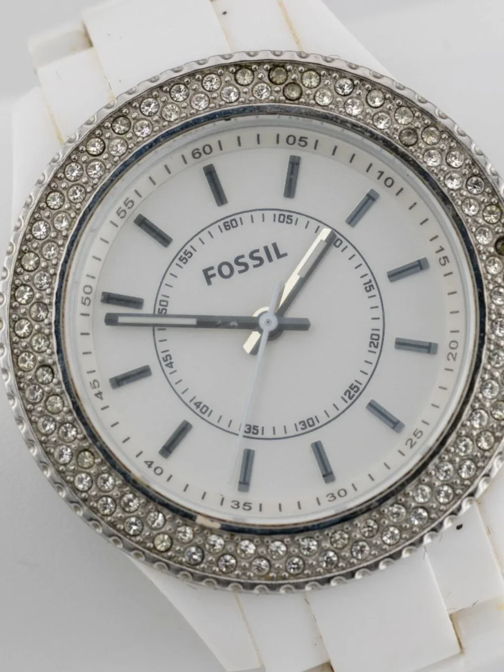 FOSSIL ES-2444 Stella Glitz White Resin Quartz Analog Women's Watch New Battery
